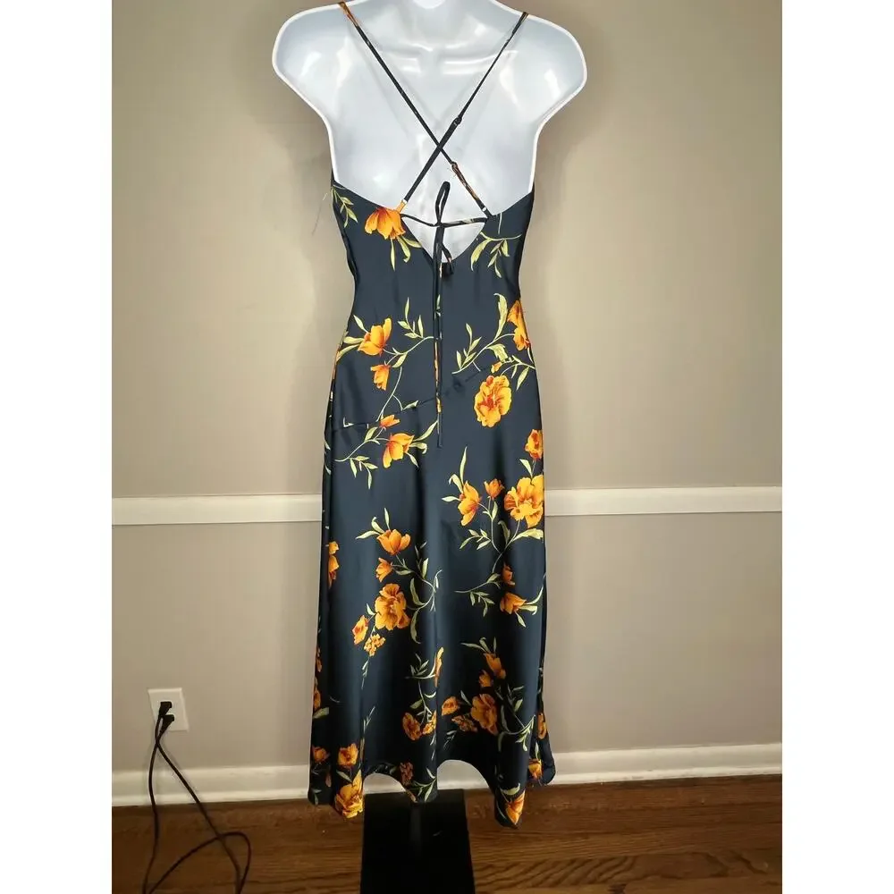 ASTR The Label Floral Satin Slip Midi Dress Navy Orange XS NWOT - Picture 5 of 8